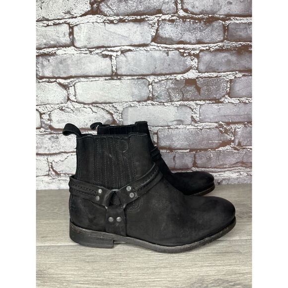 AllSaints Italy Black Leather Harness Ankle Chelsea Boots Women’s 37EU/6.5M US - Picture 14 of 16